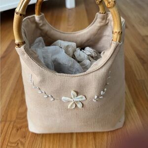 Lafayette 148 New York Beige Canvas Tote with Bamboo Handles and Shell Flower